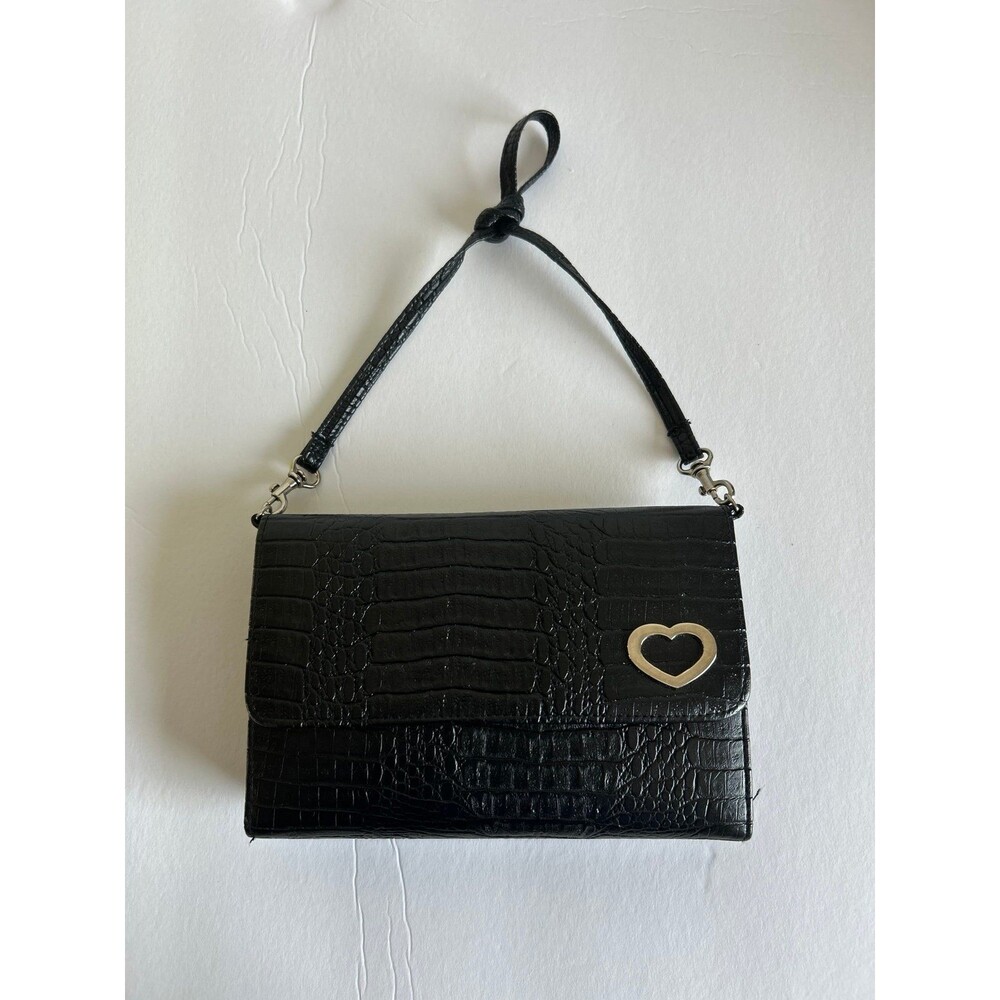 Vintage Black Crocodile Embossed Crossbody Wallet Bag with Gold Heart